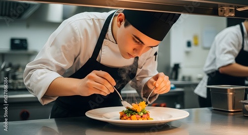 Professional Chef Plating Gourmet Dish in Restaurant Kitchen