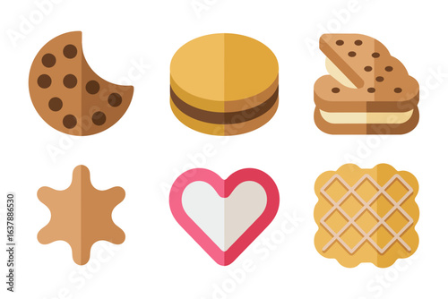 Cookie and biscuit icon set, sweet dessert vector, chocolate chip cookie illustration, bakery snack collection, tasty treat design