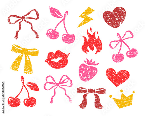 Ribbon bow, cherry, heart shape, kissing lips, flame, strawberry, queen crown. Whimsy coquette hand drawn grunge elements with crayon or chalk texture. Trendy vintage distressed girly fashion prints
