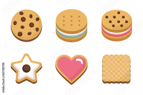 Assorted biscuit icons, cookie and wafer vector, sweet dessert illustration, bakery snack collection, tasty treat design