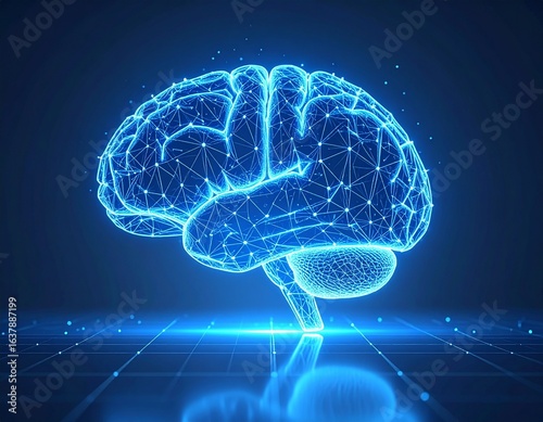 Glowing wireframe brain form built from interconnected points and thin neon lines.