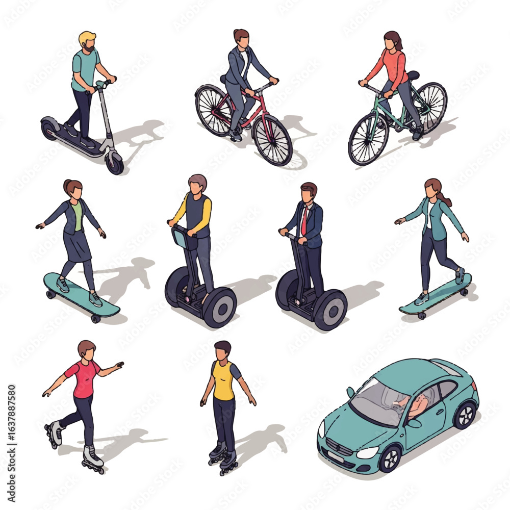 Fototapeta premium Isometric Set of Eco-Friendly Personal Transportation with People Vector