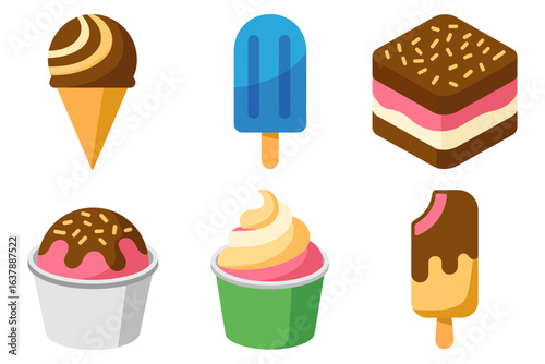 Ice cream cone and popsicle icons, frozen dessert vector, sundae and cupcake illustration, sweet treat collection, summer dessert design