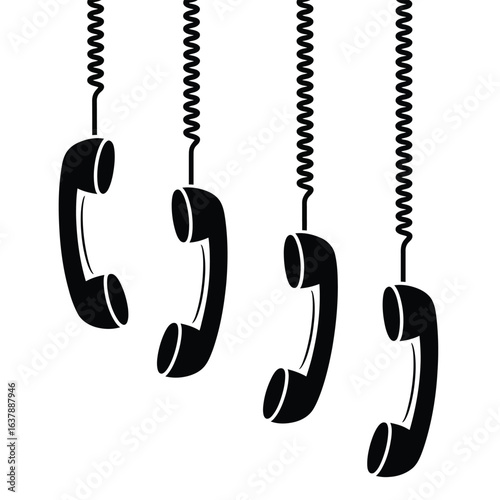 Four black telephone handsets hanging by coiled cords
