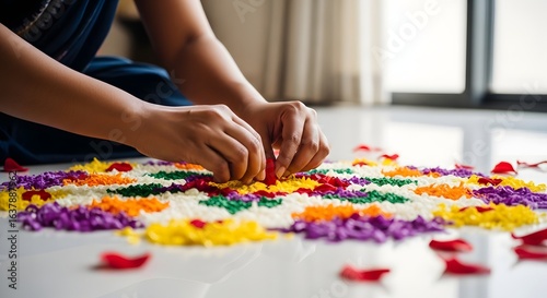 Hands Arranging Colorful Flower Petals for Traditional Floral Design