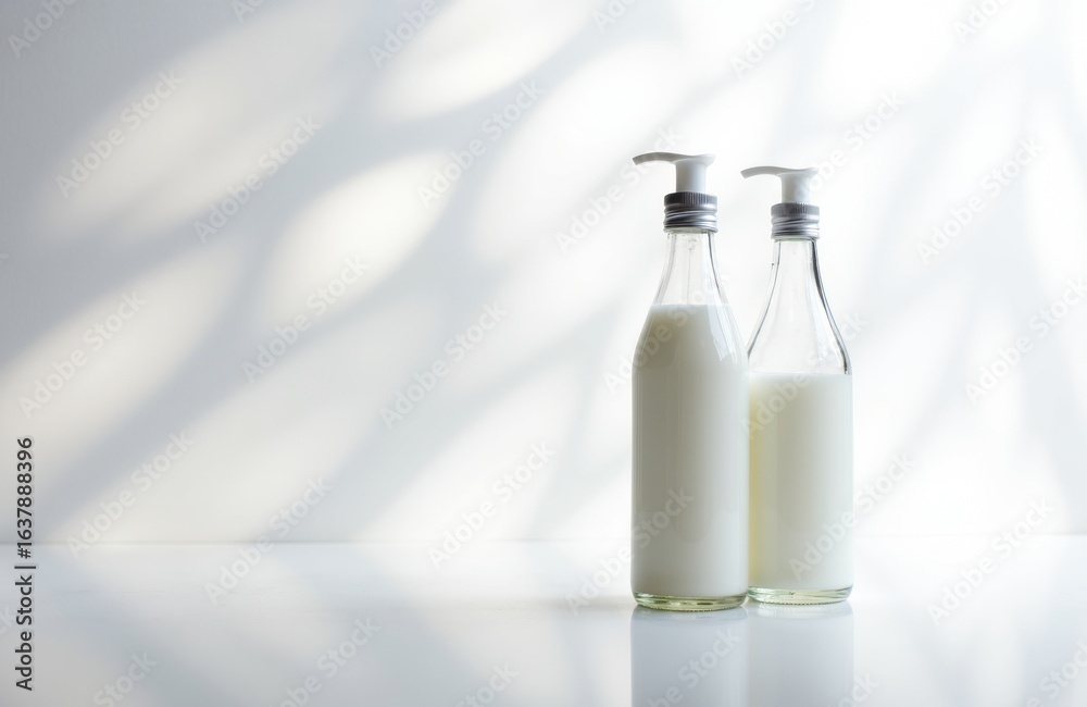 Woman with two glass bottles filled with milk and pump dispensers on a bright, softly lit surface with shadows creating a calming atmosphere Woman with two glass bottles filled with milk and pump dispensers on a bright, softly lit surface with shadows creating a calming atmosphere