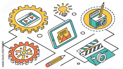 Isometric Illustration of Content Creation Process with Gears Tablet Camera and Film Slate.