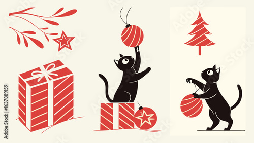 Playful Black Cats Decorating for Christmas with Festive Ornaments.