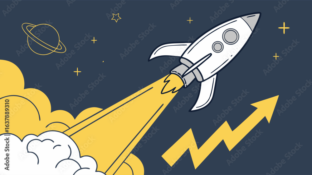 Naklejka premium Retro Rocket Launching into Space with Growth Arrow.