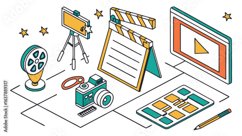 Isometric Illustration of Film Production Equipment.