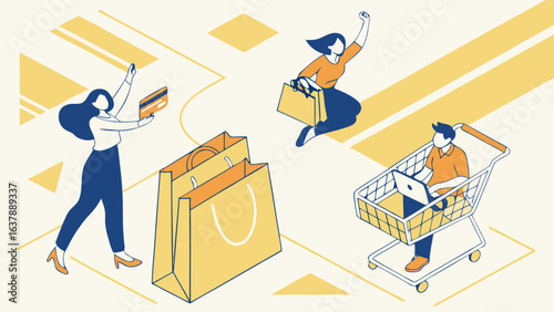 Isometric illustration of happy shoppers with bags credit card and shopping cart.