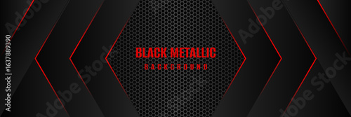 Black metallic background. Vector black background with red neon light and metal pattern decoration. Black geometric background. Creative sport background. 
