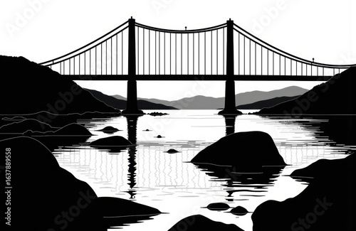Silhouette of a suspension bridge spanning over water with rocky shoreline in black and white