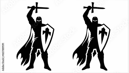 Two silhouettes of knights in armor holding swords and shields on a white background in a simple design