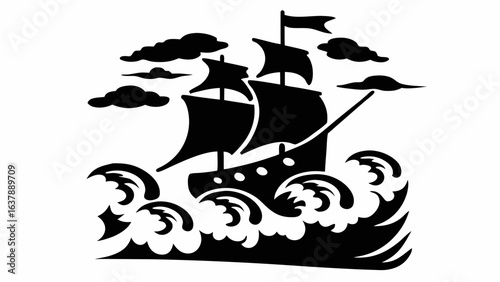 Silhouette of a sailing ship navigating through turbulent waves under a cloudy sky in monochrome style