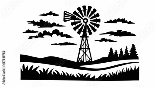 Silhouette of a windmill in a rural landscape with clouds trees and grass on a white background scene view