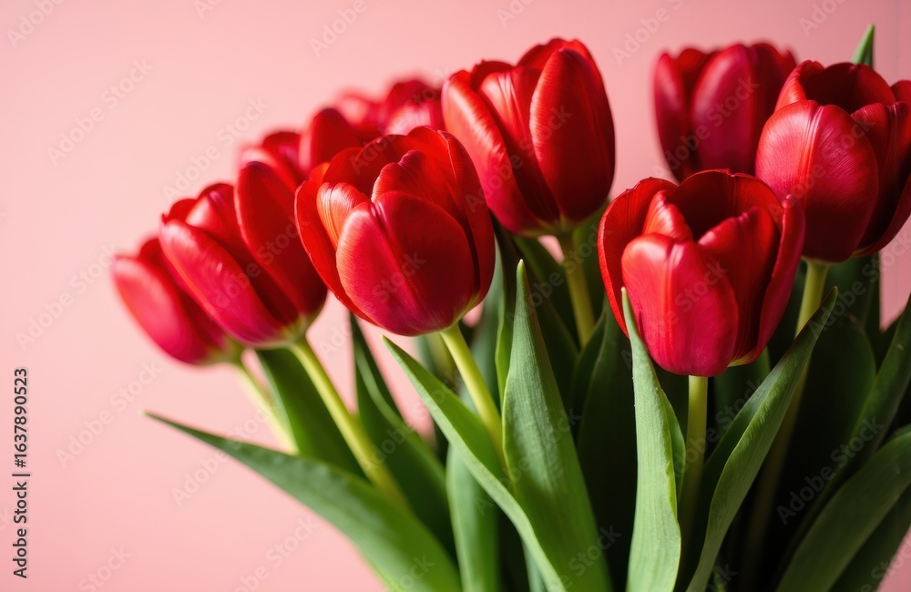 Naklejka premium Vivid red tulips with green leaves against a soft pink background
