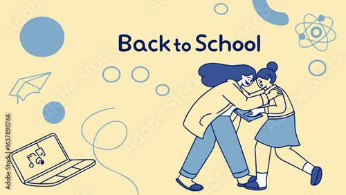 Teacher Hugging Student with Back to School Elements Illustration.