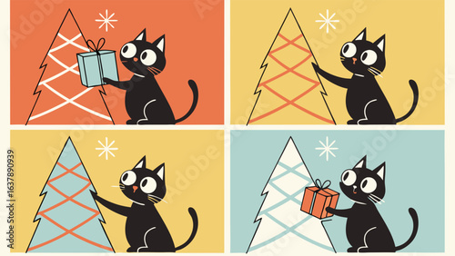 Playful Black Cat with Christmas Tree and Gifts.