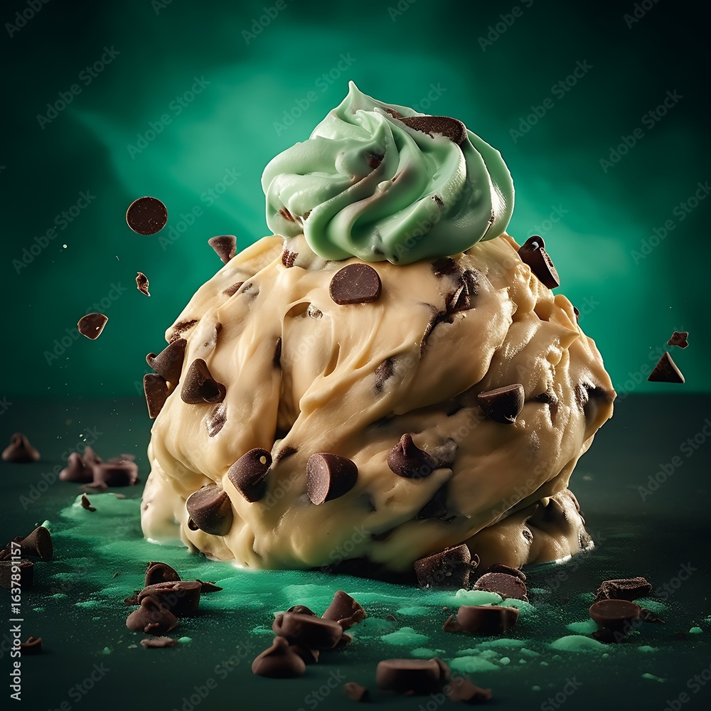Obraz premium Delicious mint chocolate chip ice cream scoop with chocolate chips around