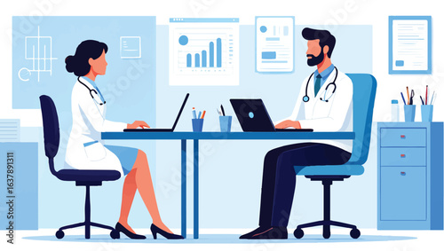 Medical professionals using technology for data analysis in a modern clinic office vector illustration