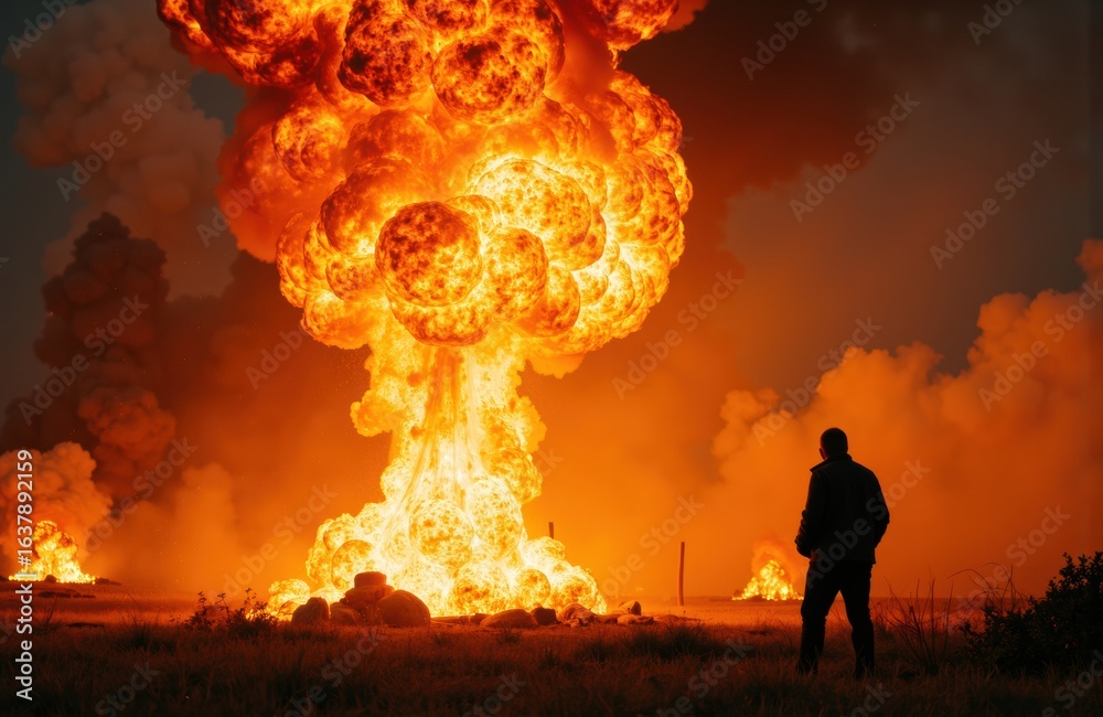 Fototapeta premium A person standing and observing a large explosion with bright orange flames and thick smoke in the background
