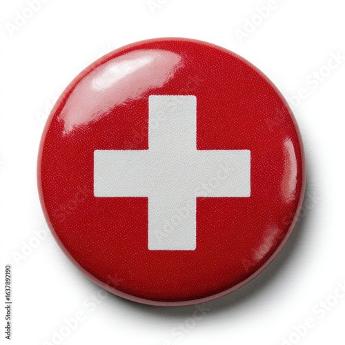 Red button, white cross.  Glossy circular badge with a large white cross on a red background.  Isolated on white