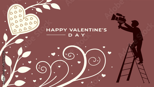 Valentines Day Videographer Filming with Camera on Ladder.