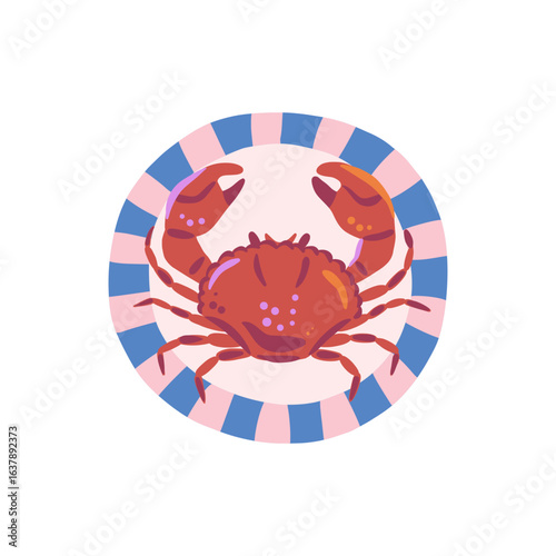 Red crab illustration on circle plate with blue striped border. Hand drawn vector drawing isolated on white background. Seafood cuisine and marine food. Design for poster, menu, postcard