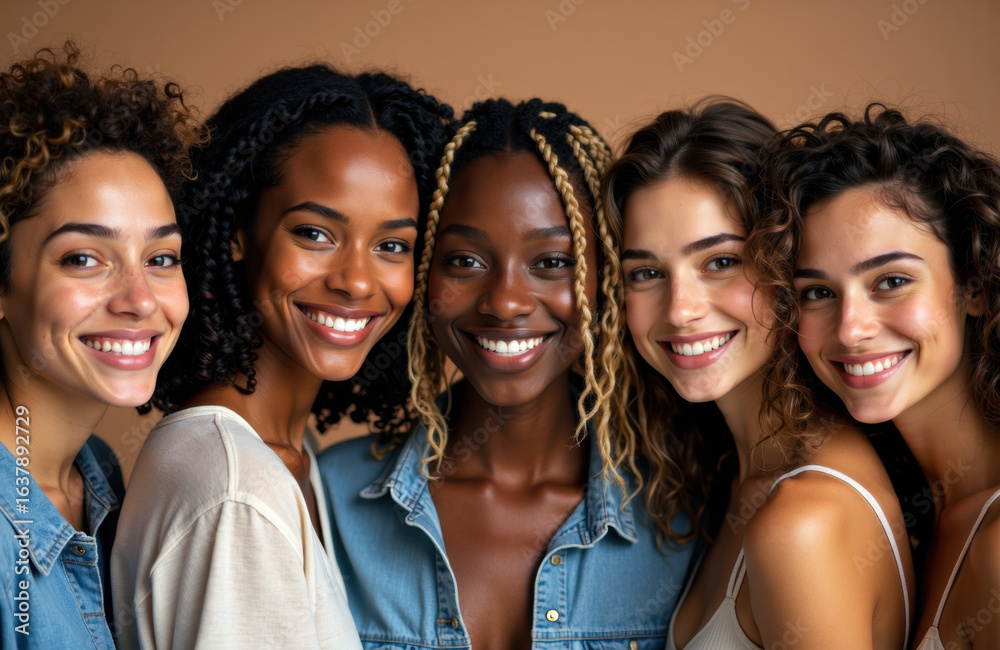 Fototapeta premium Group of five diverse women smiling together in casual clothing