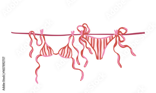 Striped red bikini top and bottom with long ribbons hanging on clothesline. Hand-drawn vector illustration isolated on white background. Summer fashion and swimwear. Design for postcard, invitation