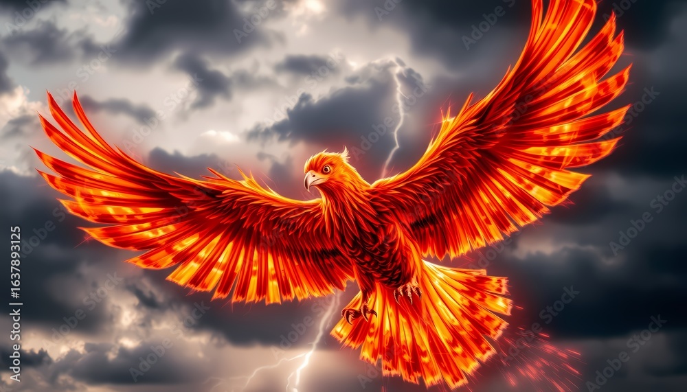 Obraz premium fiery phoenix flying across stormy sky lightning in background wings ablaze dramatic power cinematic tone