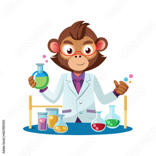 Playful monkey scientist in a white lab coat mixing colorful potions in chemistry lab, fun science vector illustration for creative projects