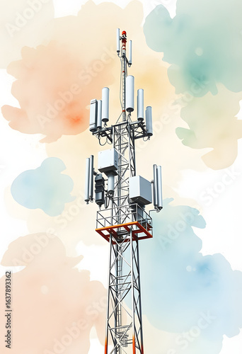 Telecommunication tower with 4G, 5G transmitters. Cellular base station with transmitting antennas on telecommunication tower against abstract technological background, watercolor, with white tones