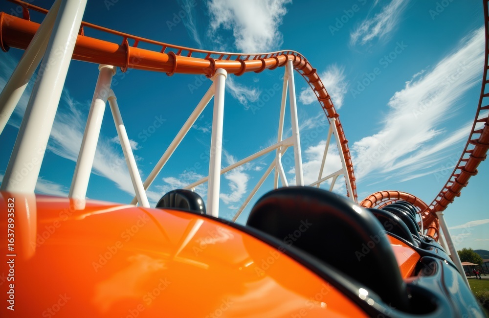 Thrilling roller coaster ride with bright orange track and clear blue sky background Thrilling roller coaster ride with bright orange track and clear blue sky background