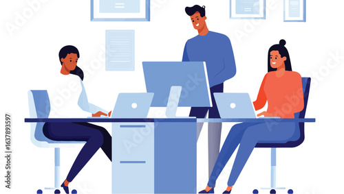 A team of diverse professionals collaborating in a modern office vector illustration.