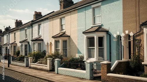 Wallpaper Mural A picturesque row of traditional terraced houses featuring colorful pastel facades, bay windows, and charming front gardens along a historic cobblestone street. Torontodigital.ca