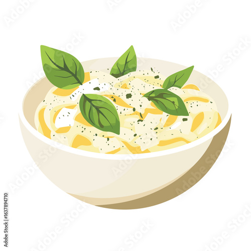 flat vector of a bowl of creamy pasta with basil leaves and parmesan topping, Italian cuisine