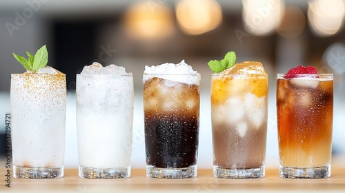 Glasses of various dirty soda drinks on wooden table with ice  