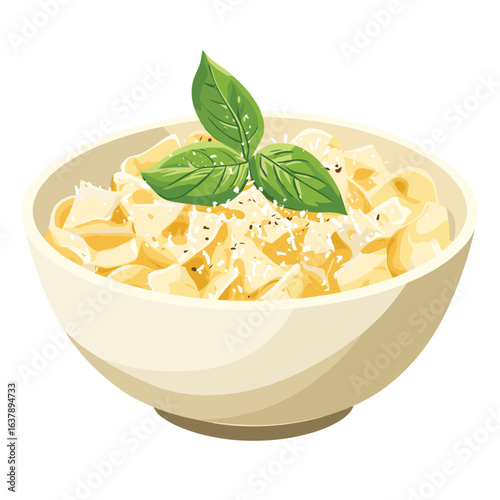 flat vector of a bowl of creamy pasta with basil leaves and parmesan topping, Italian cuisine