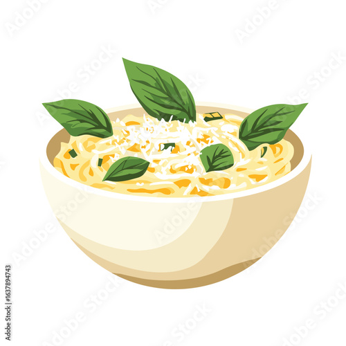 flat vector of a bowl of creamy pasta with basil leaves and parmesan topping, Italian cuisine