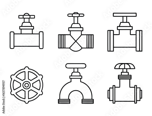 Collection of various plumbing valves and pipe fittings isolated on white background