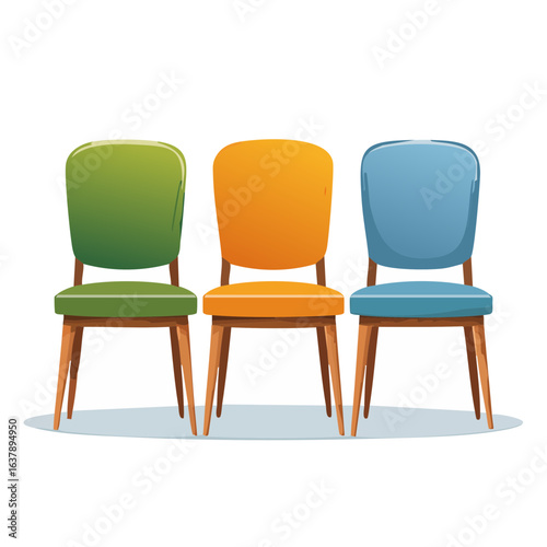 Colorful Chairs in a Row Cartoon Style Seating Arrangement Green Orange Blue Home Decor Furniture Design Waiting Room Illustration