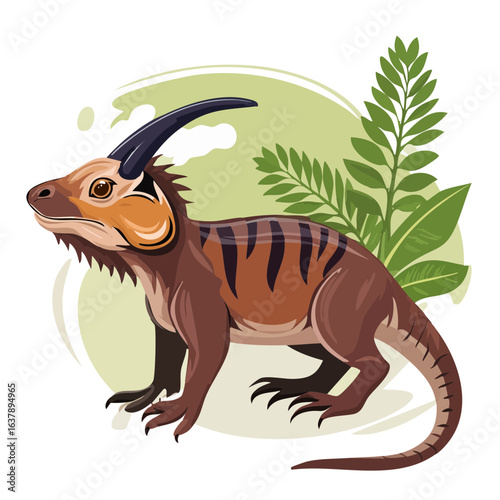 Cartoon Dinosaur Illustration with Tropical Plants, Horned Reptile