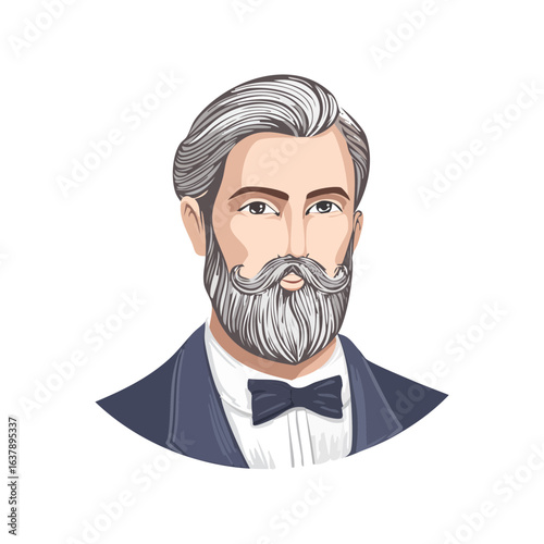 Elegant Man with Bowtie Formal Attire Portrait Gray Hair Mustache Isolated Black Background