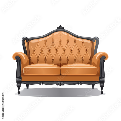 Elegant caramel leather couch with tufted backrest and black ornate frame luxurious furniture sophisticated design style