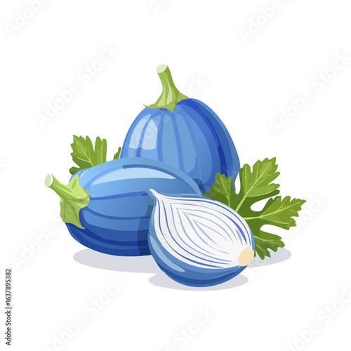 Still life illustration of blue zucchini squash and an onion, with green leaves on a black background.