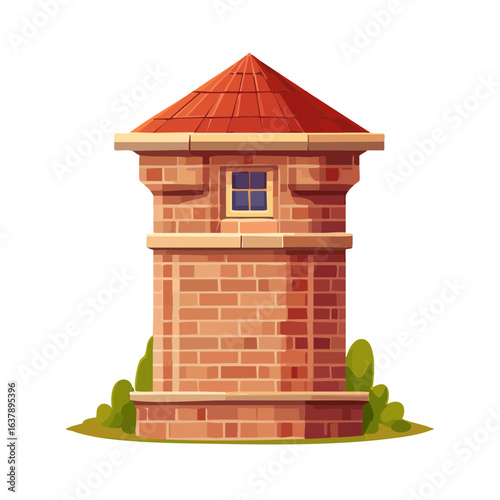 Cartoon brick tower with red tiled roof, medieval architecture, fantasy building, fairy tale construction, fortress illustration.