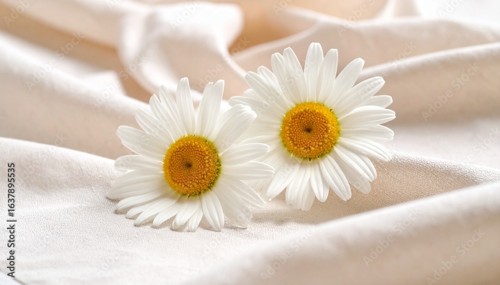 Obraz premium Two white daisies on soft draped fabric, symbolizing purity, tenderness, and quiet elegance.