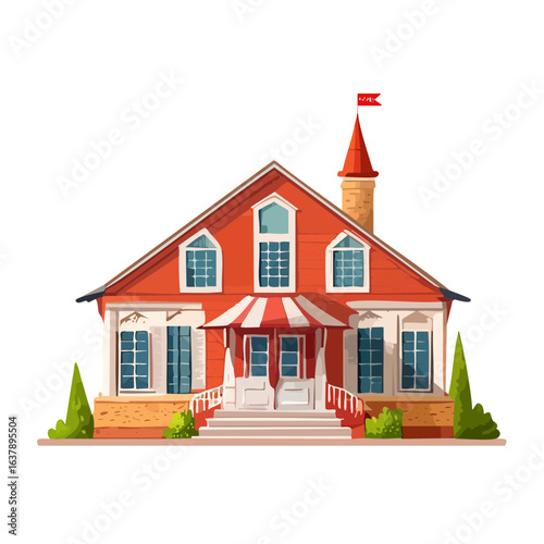 Red house illustration with white trim, awning, chimney and red flag on top, surrounded by greenery